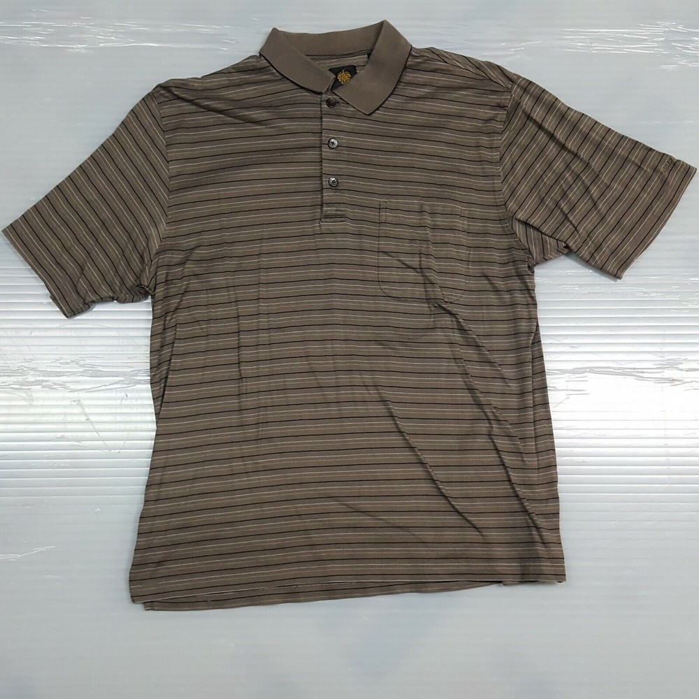 Trump Shirt Mens Medium Golf Polo Brown Striped Casual Preppy Short Sleeve